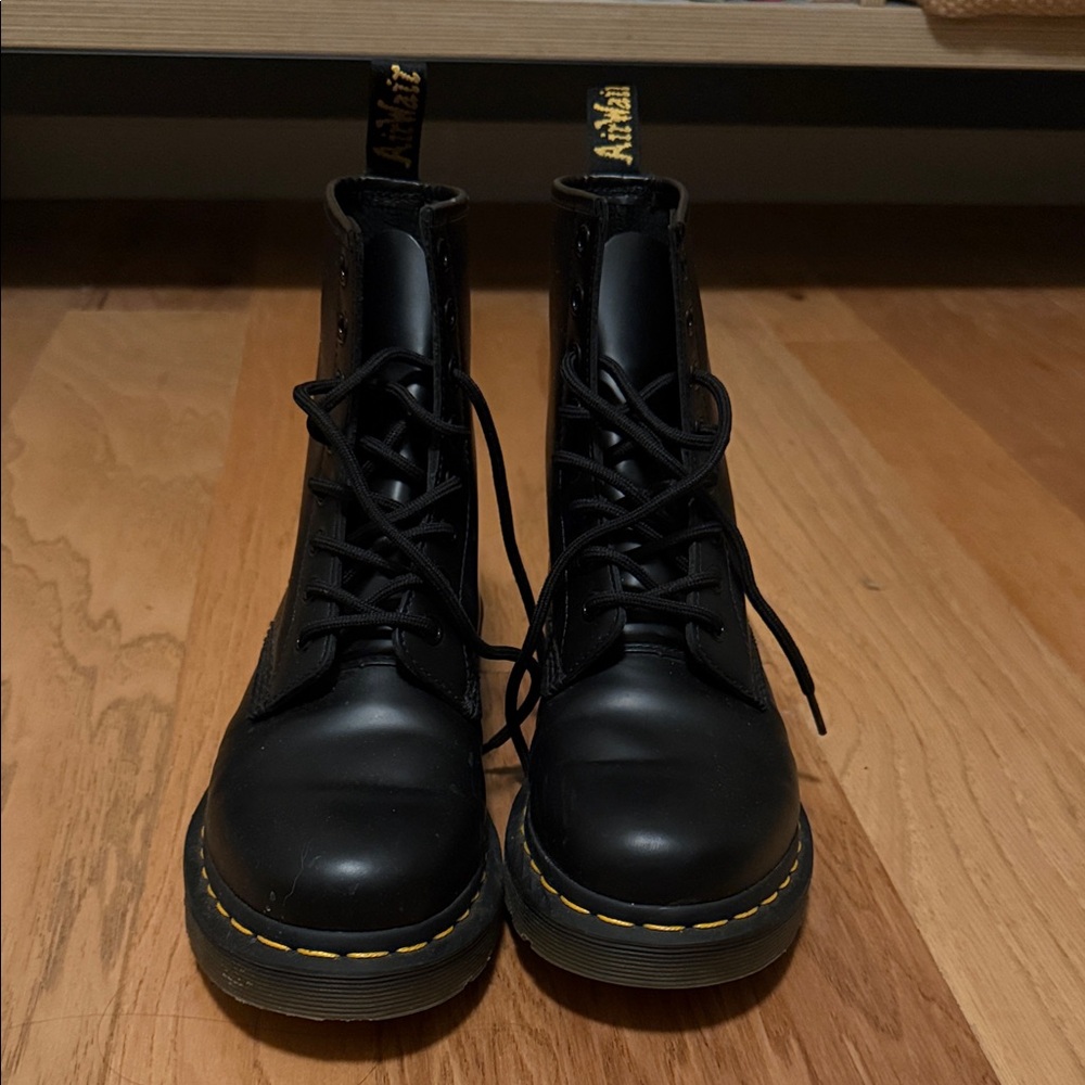 Dr. Martens Black Leather Boots with Yellow Stitching